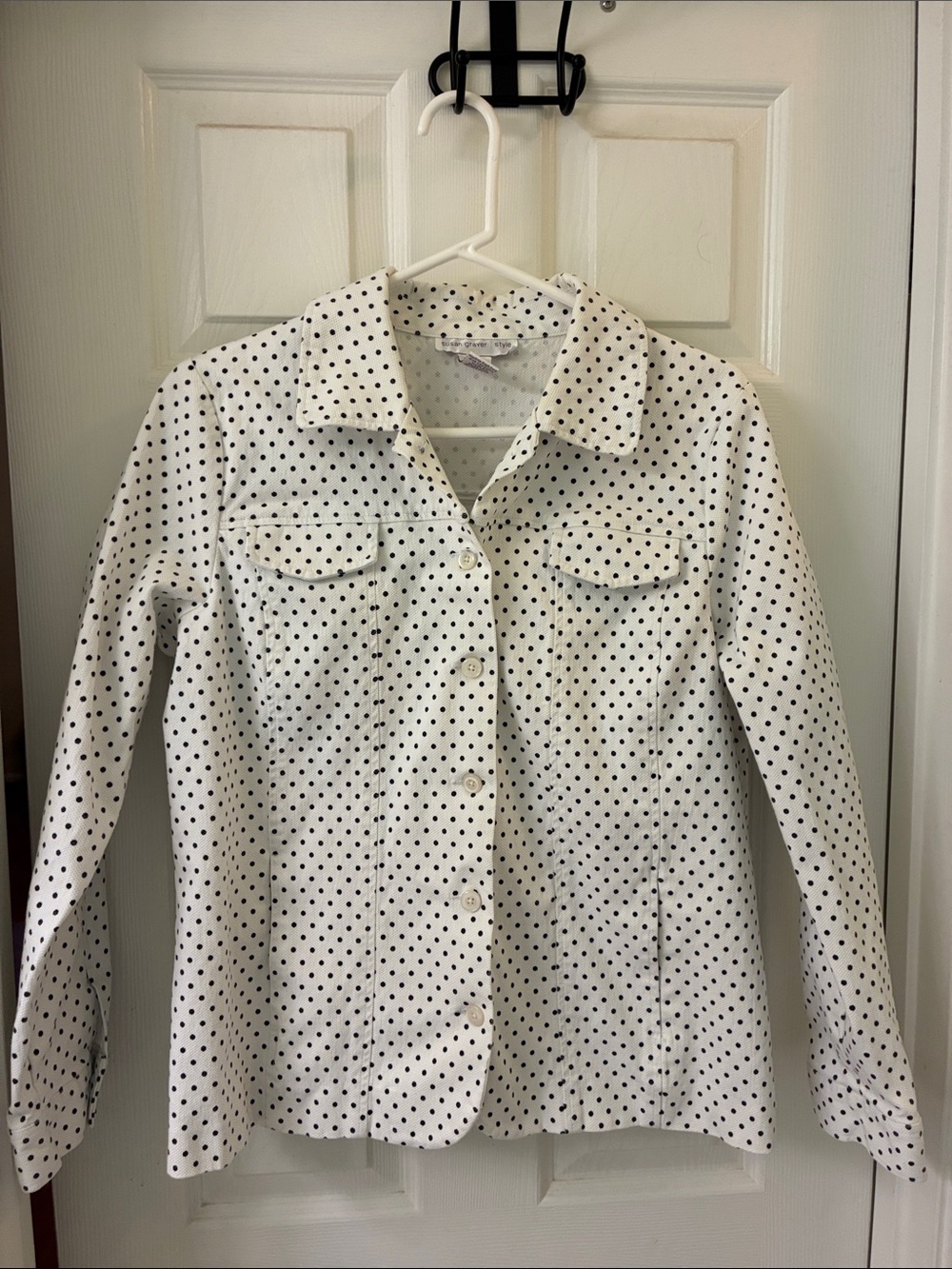 Susan Graver White Button-Front Shirt Jacket with Black Polka Dots Large stretch